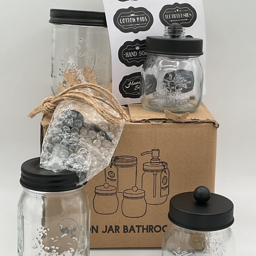 mason jar bathroom accessories  with a sheet of labels for organization